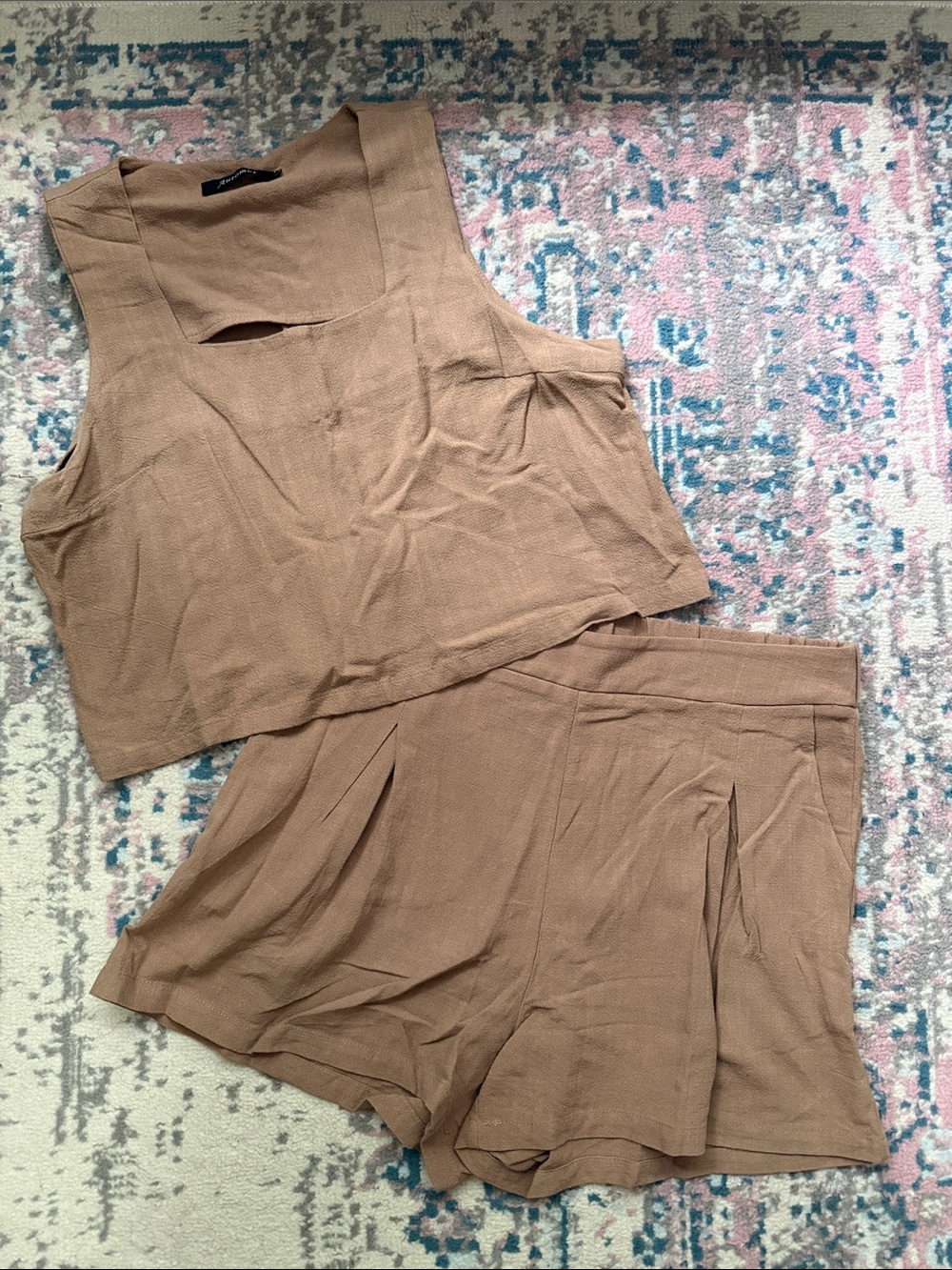 Two-Piece Tan Linen-Blend Crop Top & Shorts Set